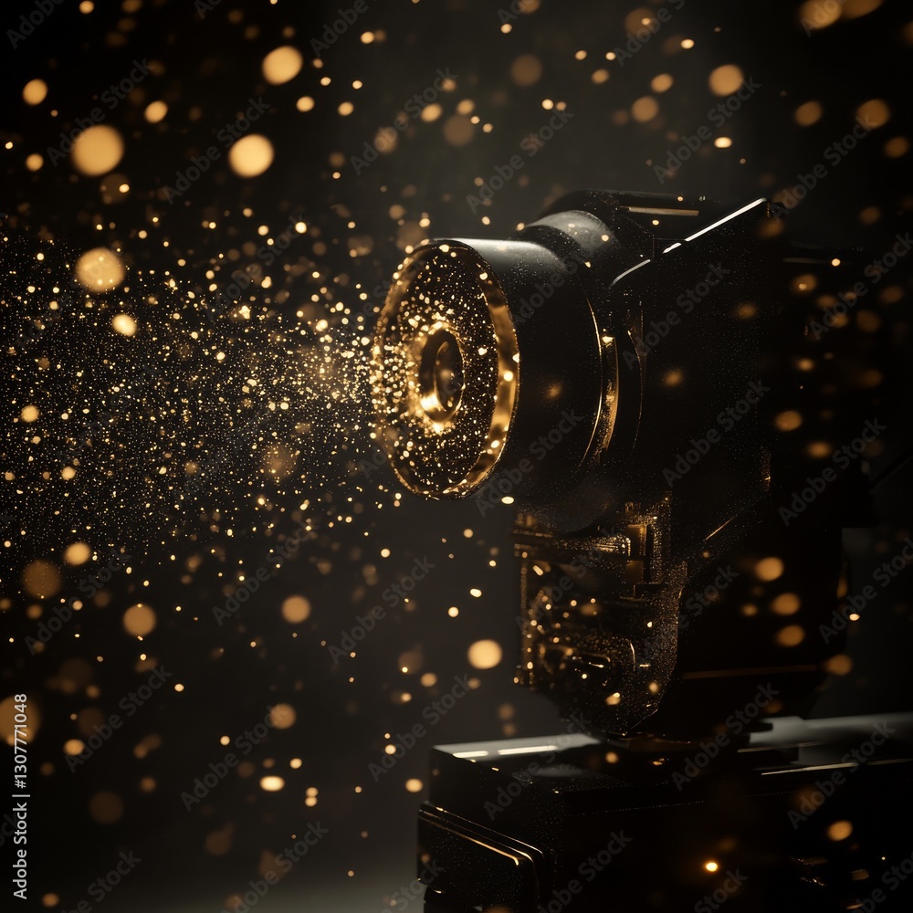 Poster captivating spotlight: golden dust emanating from a sleek, modern projector on dark backdrop, creati