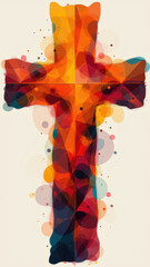 Colorful abstract representation of a Christian cross on a white canvas with vibrant patterns radiating from the center.
