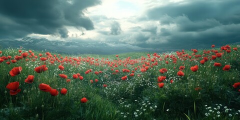 Vibrant red poppy fields under a moody sky near mountains during daylight