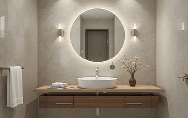 Minimalist bathroom sink area with a round mirror, lights and flower vase, Modern bathroom with white sink and round mirror