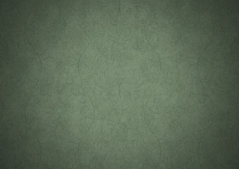 Hand-drawn unique abstract symmetrical seamless ornament. Dark semi transparent green on a light warm green with vignette of a darker background color. Paper texture. A4. (pattern: p13-1b)