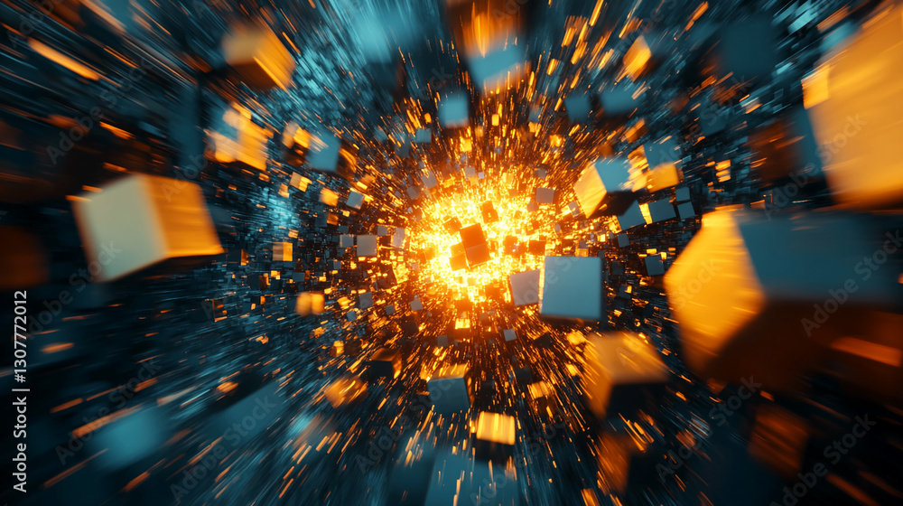 Poster abstract image of numerous cubes in motion, emitting orange and teal light, creating a dynamic and e