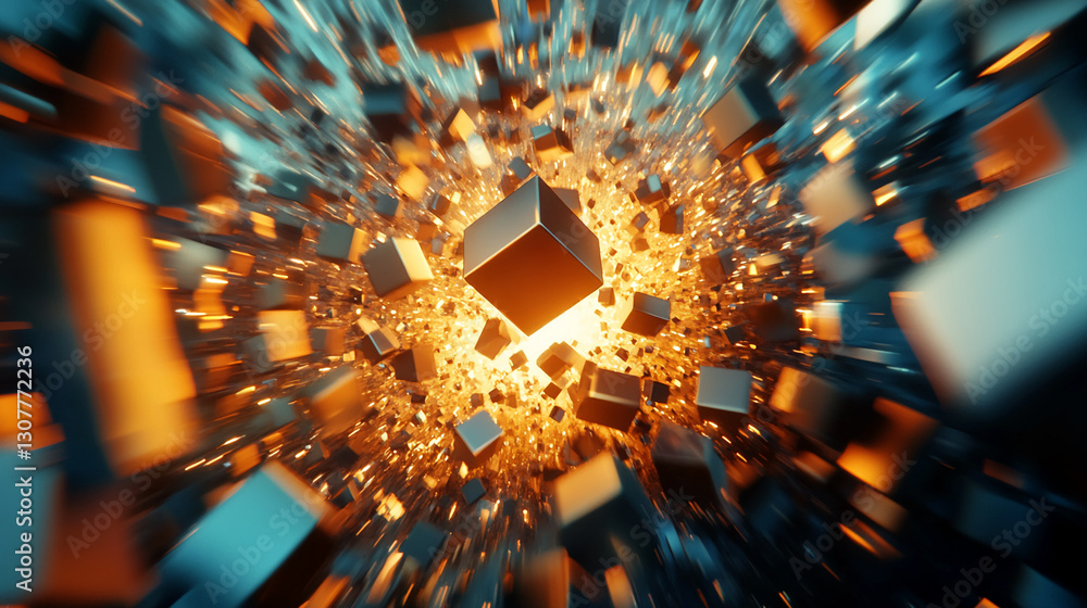 Aufkleber abstract image of metallic cubes exploding from a central point, showcasing vibrant orange and teal 