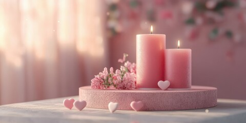 Romantic setup with pink candles and hearts in a softly lit room ideal for special occasions and intimate gatherings