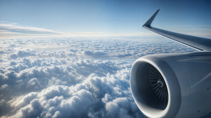 View from an airplane window showing the engine and wing above a sea of clouds.