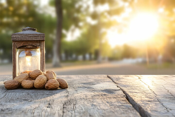 Wooden lantern and walnuts on rustic table at sunset park; ideal for autumn, harvest, or peaceful nature themes