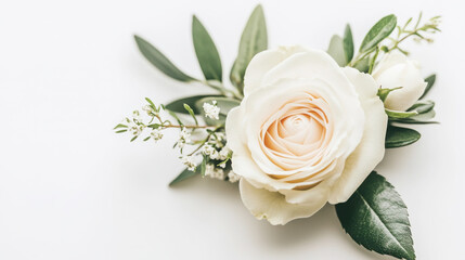 Fototapeta premium Elegant floral boutonniere close-up with white rose and greenery for wedding or formal event design