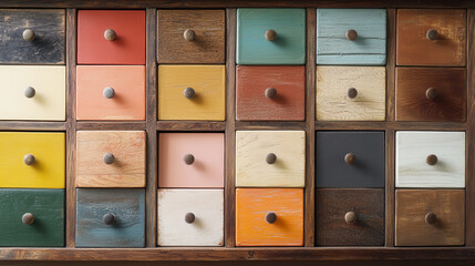 Eclectic wood dresser drawers close up in a variety of colors for home decor inspiration