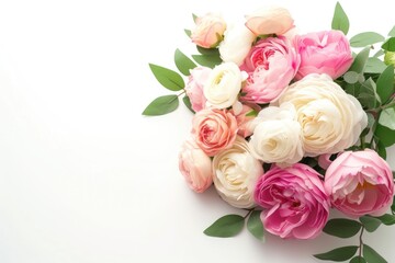 Obraz premium A delightful bouquet of pink and white ranunculus and roses, elegantly arranged on a white background.