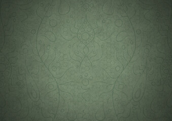 Hand-drawn unique abstract symmetrical seamless ornament. Dark semi transparent green on a light warm green with vignette of a darker background color. Paper texture. A4. (pattern: p13-2a)