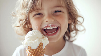 Joyful child enjoying a melting ice cream cone on a warm day