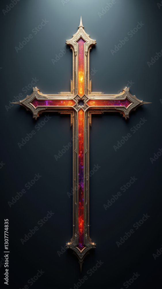 Poster luxurious illuminated christian cross with intricate design on a dark background.