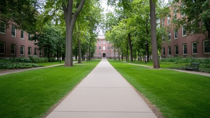 Obraz premium Serene college campus pathway lined with trees and historic buildings