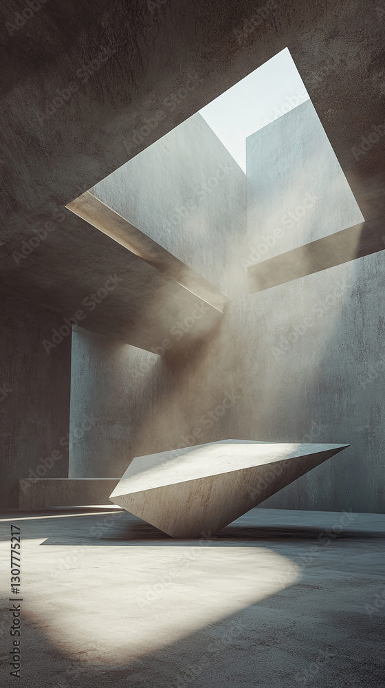 Poster abstract image of a minimalist concrete structure with a geometric platform, showcasing light and sh