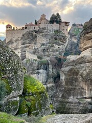 a view of monastery on a cliff in meteora, kalambaka, greeece