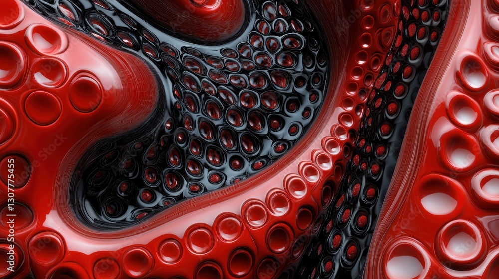 Poster abstract metallic red and black fluid art with circular patterns