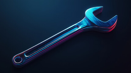 A 3D vector illustration of a metallic wrench, designed as a mechanic tool for construction and maintenance.