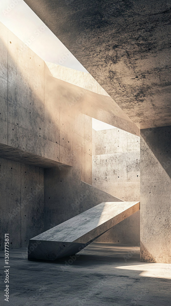 Poster abstract image of minimalist concrete structure featuring long rectangular element leaning against w