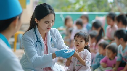 Obraz premium Two healthcare providers attend to a young girl in a vibrant outdoor setting, surrounded by children watching attentively. The atmosphere is warm and engaging.
