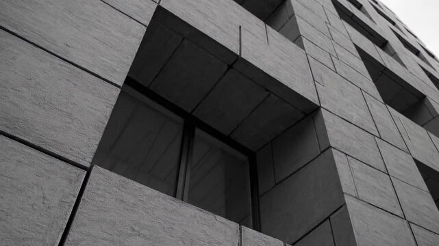 Geometric patterns and angular lines define a striking brutalist building facade, showcasing textured concrete slabs and unique window designs