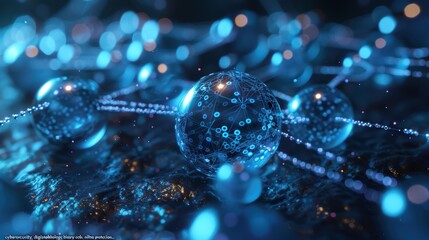 Abstract network of blue digital spheres with connected nodes and glowing patterns in a futuristic environment