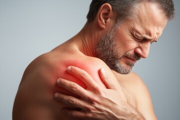 Understanding shoulder discomfort and its impact on skin health in a close-up of a male subject