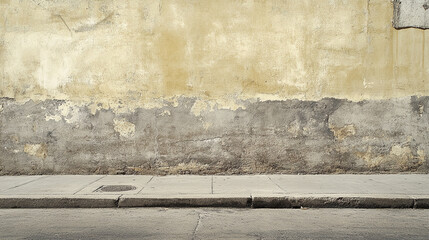 Fototapeta premium Textured wall and sidewalk scene, showcasing aged wall surface and empty space ideal for product placement or text overlay, creating a rustic backdrop