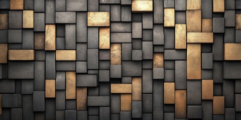 Rectangular Wood Block Wall Pattern in Gold and Dark Gray with Textured Surface Decoration Style