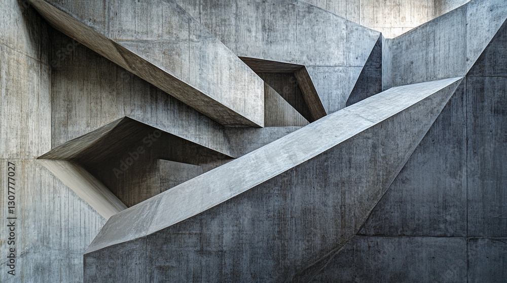 Poster abstract image of gray concrete architectural forms, showcasing intersecting geometric shapes and te