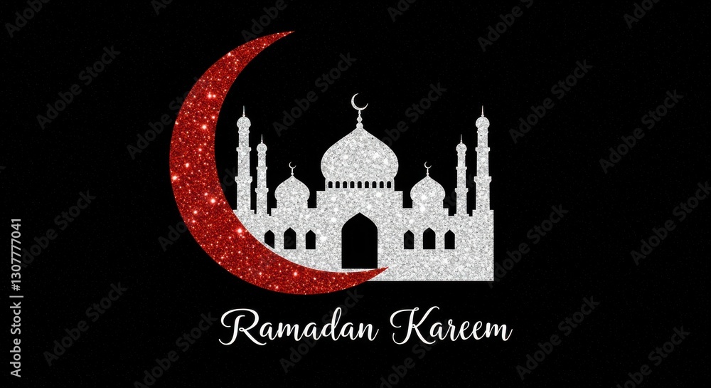 Fototapete a crescent moon and a silhouette of a mosque with multiple domes and minarets below the crescent moo