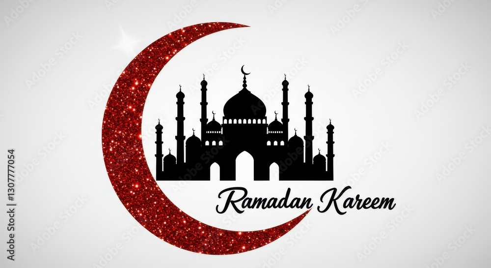 Fototapete a crescent moon and a silhouette of a mosque with multiple domes and minarets below the crescent moo