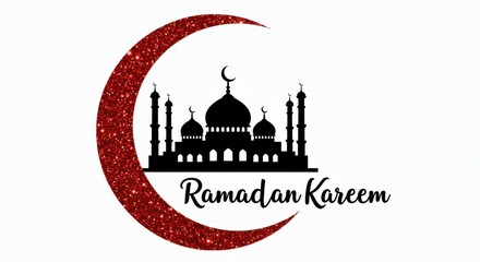 A crescent moon and a silhouette of a mosque with multiple domes and minarets below the crescent moon and mosque the text Ramadan Kareem is written in white