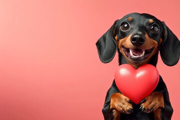 Promotion visual idea art. Dachshund - my beloved dog. Cute dachshund canine with furry friend toy red heart - sign of love, funny greeting card. Valentine's day pet themes. Pet love quotes.