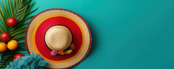 Colorful summer hat with fruits and palm leaves on teal background