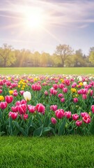 Obraz premium field of tulips and blue sky