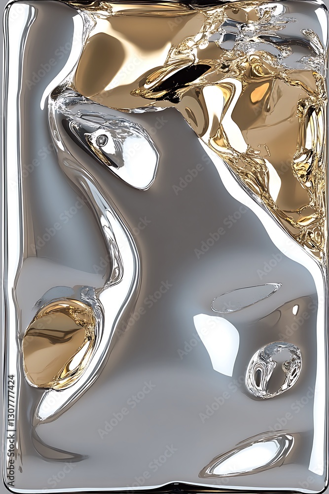 Poster abstract rendering with fluid metallic surfaces of silver and gold