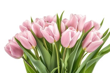 Fototapeta premium A bouquet of delicate pink tulips, blooming beautifully on a white background.