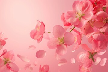 Fototapeta premium Delicate pink flowers and petals float gracefully against a soft pink background, creating a serene and beautiful image.