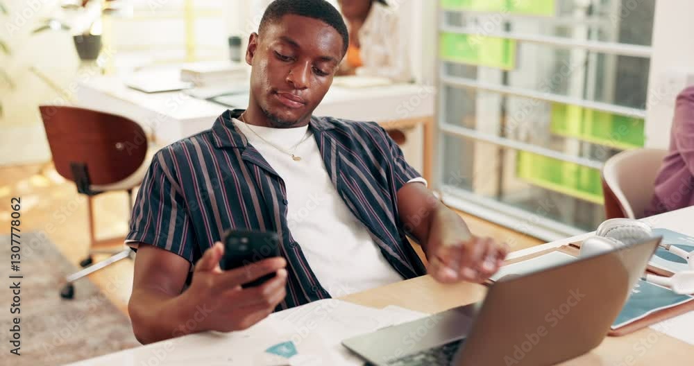 Poster phone, bored student and man in university for learning, education or scroll social media with fatig