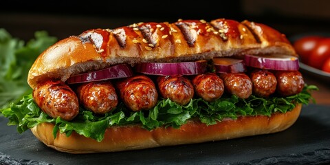 Delicious gourmet sausage sandwich with fresh vegetables on a dark stone plate