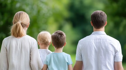 Caucasian family enjoying a nature walk with young children outdoors in summer