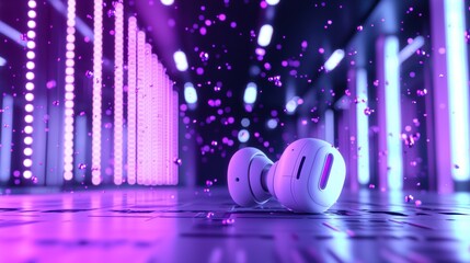 Futuristic white earbuds immersive audio with visual effects