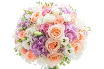 Fototapeta premium A breathtaking bridal bouquet of pastel roses, hydrangeas, and lisianthus, perfect for a romantic wedding.