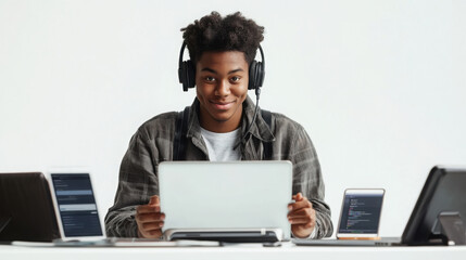 Young student engaging in online learning with laptop and multiple devices in modern classroom