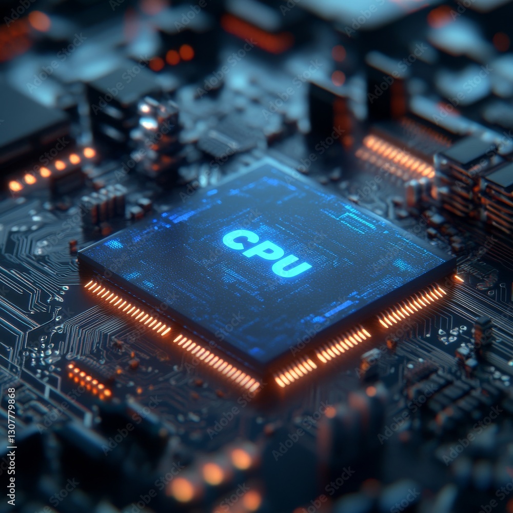 Poster Central Processing Unit Close-Up: High-Tech CPU on Motherboard with Glowing Connections for Data Processing.