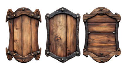 Three Antique Wooden Shield-Shaped Signs Against Transparent Background