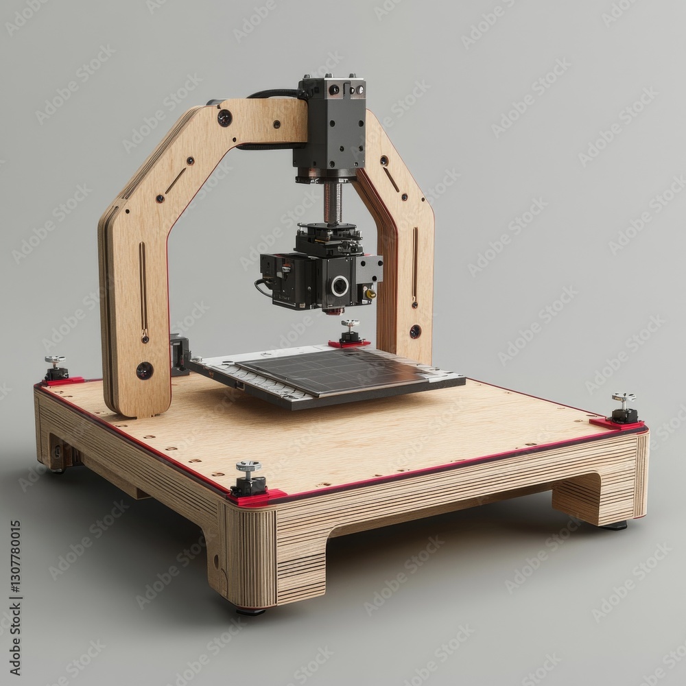 Aufkleber Crafting Innovation: A Detailed View of a Precision Milling Machine with Wooden Frame and Intricate Mechanics