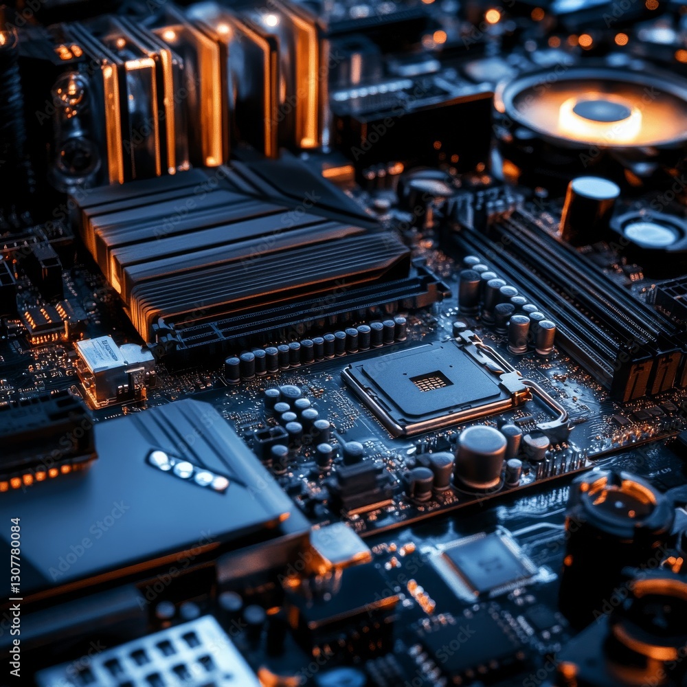 Leinwandbilder detailed motherboard close-up: a deep dive into computer hardware and circuitry with a focus on cool