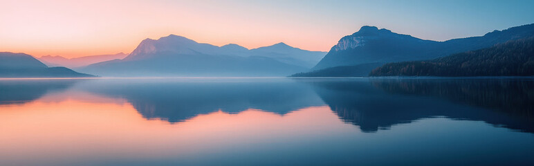 Naklejka premium Minimal lake reflection of upside-down mountains, sunset pastel hues