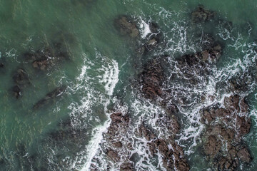 Aerial, Winter&rsquo;s crashing tidal waves at Down Derry in Cornwall UK